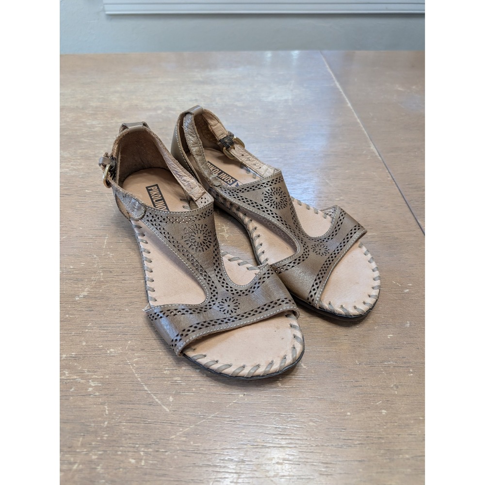 Pikolinos Womens 36 Metallic Bronze Leather Laser Cut T-Strap Wedge Sandals